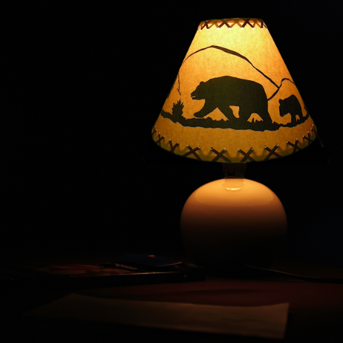 9" BEAR scene-Faux oiled kraft laced lamp shade with lacing top and bottom comes with clip-on. - Image 2