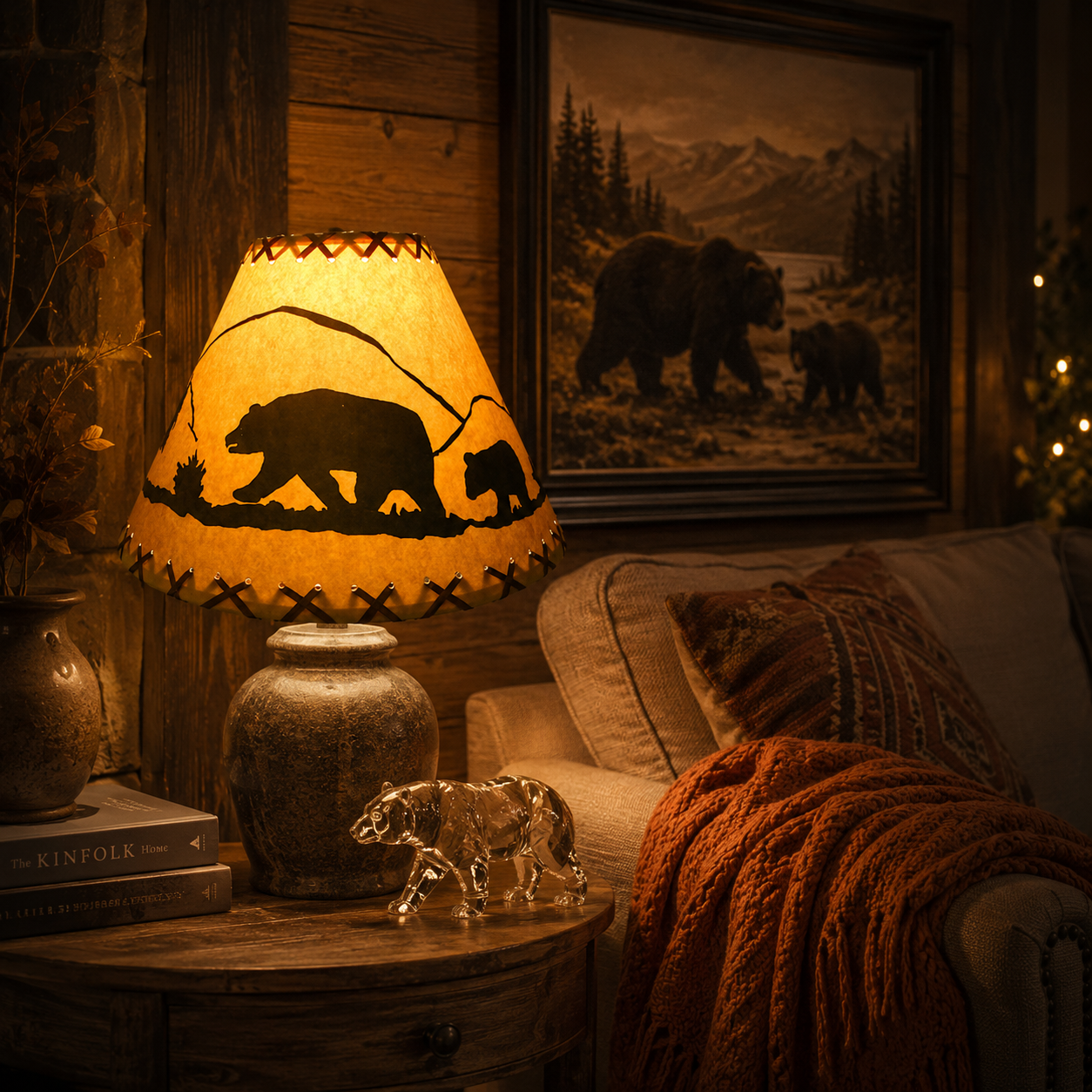 12" Rustic Bear scene-Faux oiled kraft lamp shade with lacing top and bottom. - Image 4