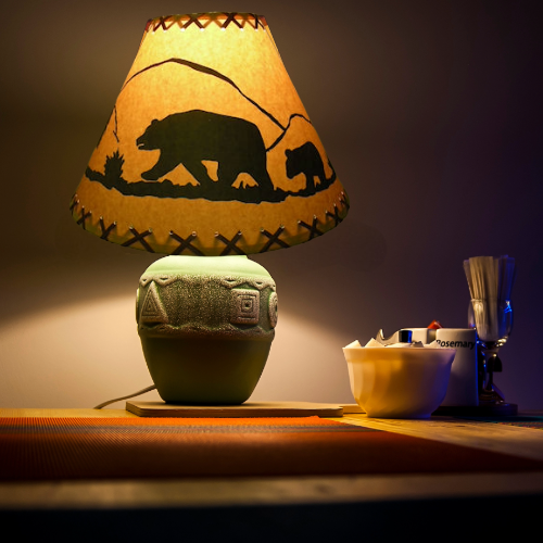 9" BEAR scene-Faux oiled kraft laced lamp shade with lacing top and bottom comes with clip-on. - Image 4