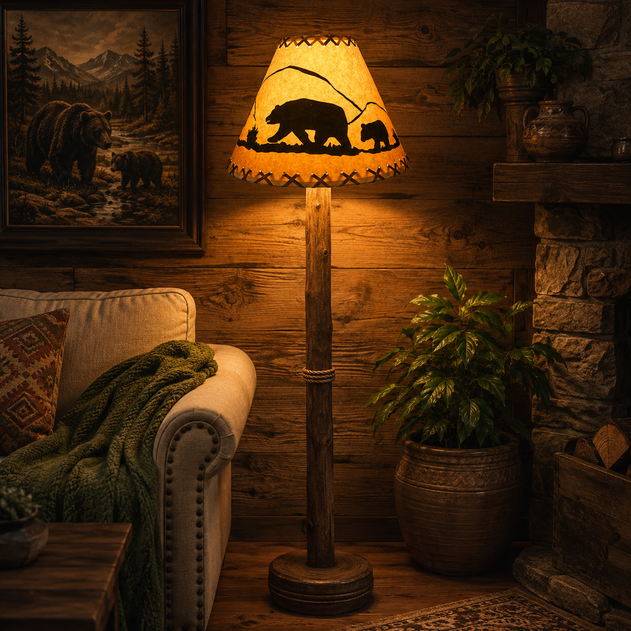 12" Rustic Bear scene-Faux oiled kraft lamp shade with lacing top and bottom. - Image 3