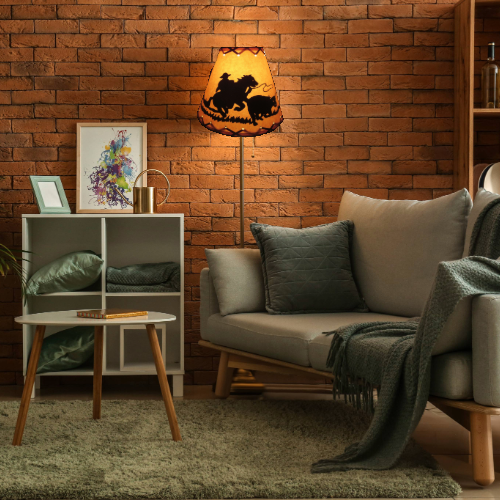 16" Rustic Cowboy scene-Faux oiled kraft lamp shade with lacing top and bottom. - Image 2