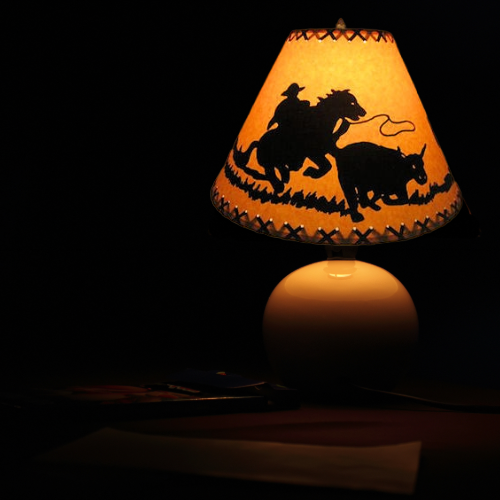 12″Rustic Cowboy scene-Faux oiled Kraft lamp shade with lacing top and bottom.