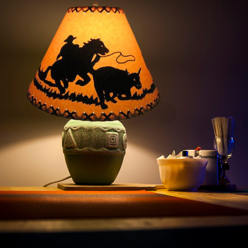 12″Rustic Cowboy scene-Faux oiled Kraft lamp shade with lacing top and bottom. - Image 2