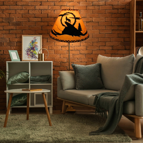 14" Rustic Coyote scene-Faux oiled kraft lamp shade with lacing top and bottom. - Image 4