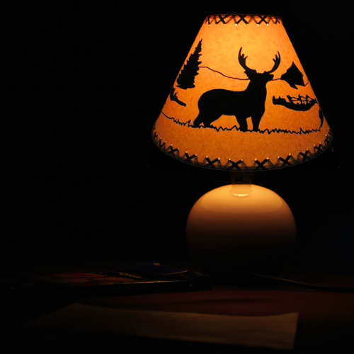 18" Rustic Deer scene-Faux oiled kraft lamp shade with lacing top and bottom.
