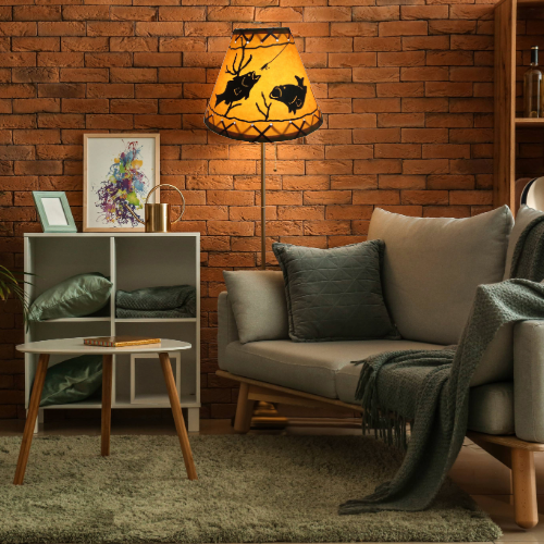 14" Rustic Fish scene-Faux oiled kraft lamp shade with lacing top and bottom. - Image 6