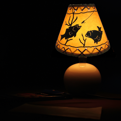 14" Rustic Fish scene-Faux oiled kraft lamp shade with lacing top and bottom. - Image 3