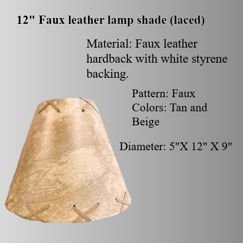 12" Tan and taupe Faux leather hardback lamp shade with white styrene backing- laced top and bottom - Image 3