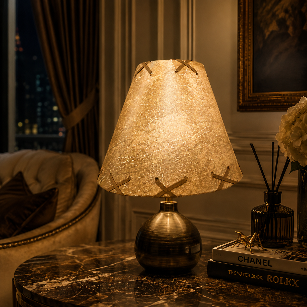 14" Tan and taupe Faux leather hardback lamp shade with white styrene backing- laced top and bottom - Image 2
