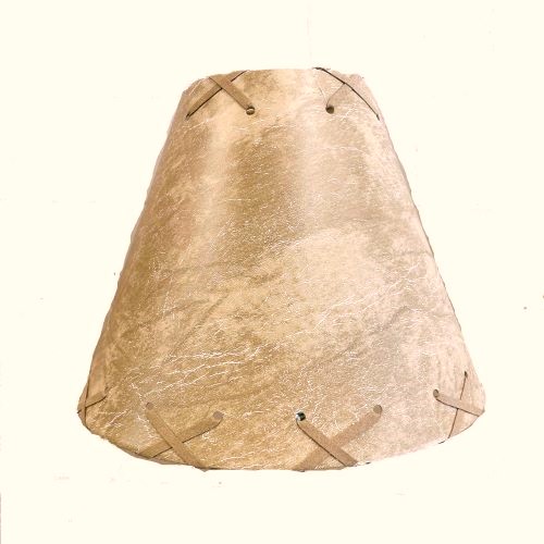 9" Tan and taupe Faux leather hardback lamp shade with white styrene backing- laced top and bottom comes with clip-on.