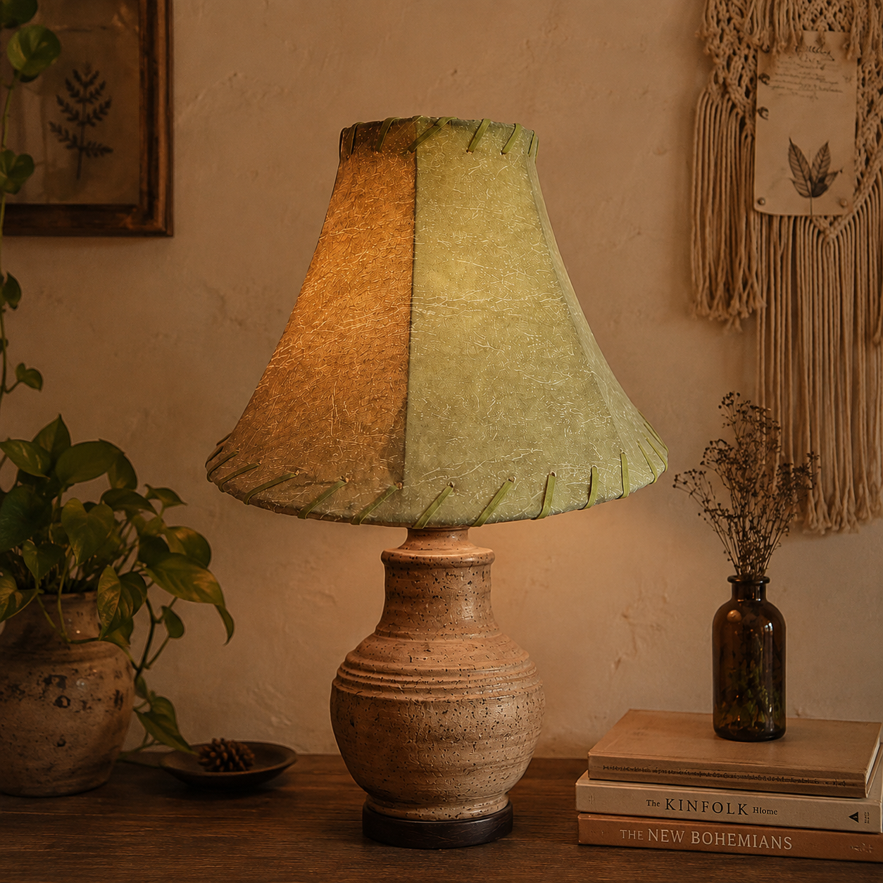 12" Tan and taupe Faux- Vinal leather bell shaped lamp shade. - Image 2