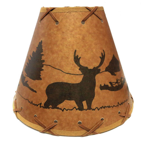 9" Rustic Deer scene-Faux oiled kraft laced lamp shade with lacing top and bottom and comes with clip-on.