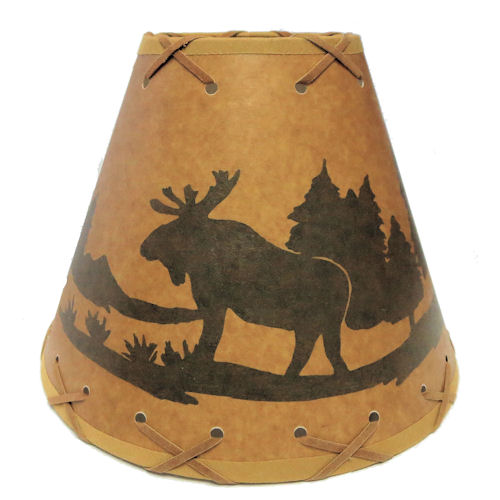 9" Rustic Moose scene-Faux oiled kraft laced lamp shade with lacing top and bottom and comes with clip-on.