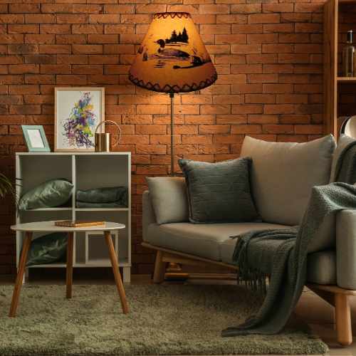 18" Rustic Loon on a lake scene-Faux oiled kraft lamp shade with lacing top and bottom. - Image 4