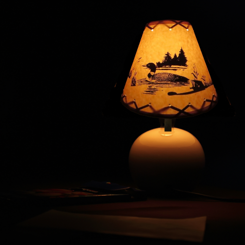 18" Rustic Loon on a lake scene-Faux oiled kraft lamp shade with lacing top and bottom. - Image 2