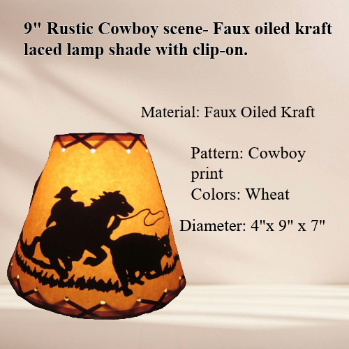 9" Rustic Cowboy scene-Faux oiled kraft laced lamp shade with lacing top and bottom and comes with clip-on. - Image 3
