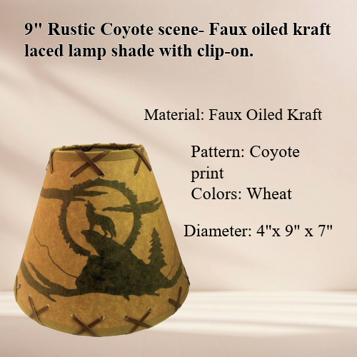 9" Rustic Coyote scene-Faux oiled kraft laced lamp shade with lacing top and bottom and comes with clip-on. - Image 2