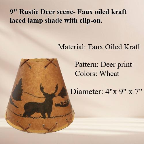 9" Rustic Deer scene-Faux oiled kraft laced lamp shade with lacing top and bottom and comes with clip-on. - Image 3