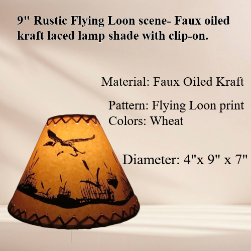 9" Rustic Flying loon scene- Faux oiled kraft laced lamp shade with lacing top and bottom and comes with clip-on. - Image 3