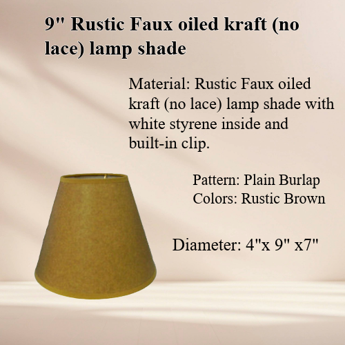 9" Rustic Faux oiled kraft (no lace) lamp shade with white styrene inside and clip-ons. - Image 3