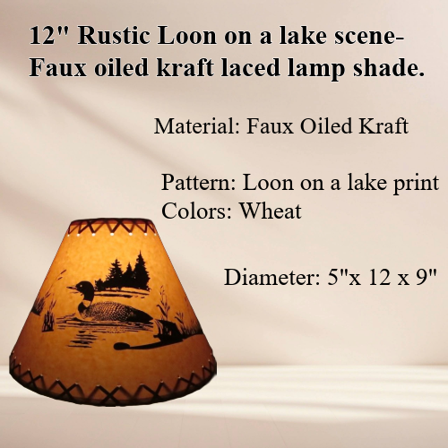 12"Rustic Loon on a lake scene-Faux oiled kraft lamp shade with lacing top and bottom. - Image 2