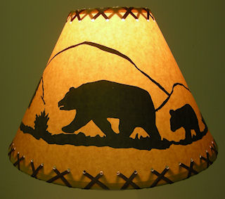 12″Rustic Bear scene-Faux oiled Kraft lamp shade with lacing top and bottom.