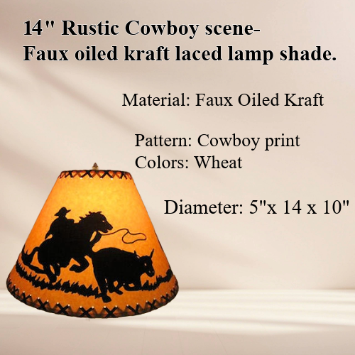 14" Rustic COwboy scene-Faux oiled kraft lamp shade with lacing top and bottom. - Image 2