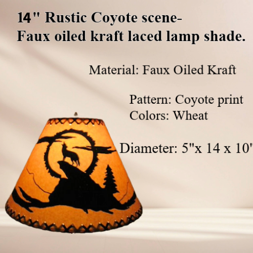14" Rustic Coyote scene-Faux oiled kraft lamp shade with lacing top and bottom. - Image 2