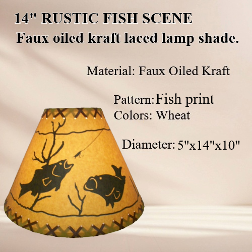 14" Rustic Fish scene-Faux oiled kraft lamp shade with lacing top and bottom. - Image 2