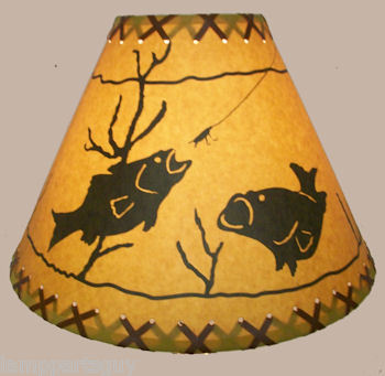 14" Rustic Fish scene-Faux oiled kraft lamp shade with lacing top and bottom.