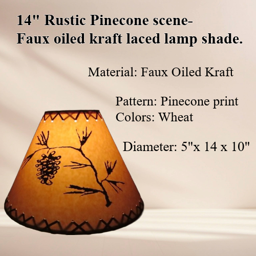 14" Rustic Pinecone scene-Faux oiled kraft lamp shade with lacing top and bottom. - Image 2