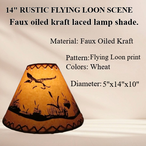 14" Rustic Flying loon scene-Faux oiled kraft lamp shade with lacing top and bottom. - Image 2