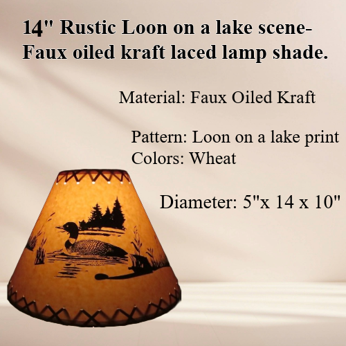 14" Rustic Loon on a lake scene-Faux oiled kraft lamp shade with lacing top and bottom. - Image 2