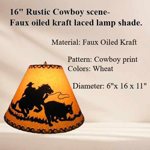 16" Rustic Cowboy scene-Faux oiled kraft lamp shade with lacing top and bottom. - Image 5