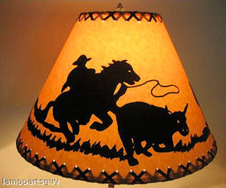 18" Rustic Cowboy scene-Faux oiled kraft lamp shade with lacing top and bottom.