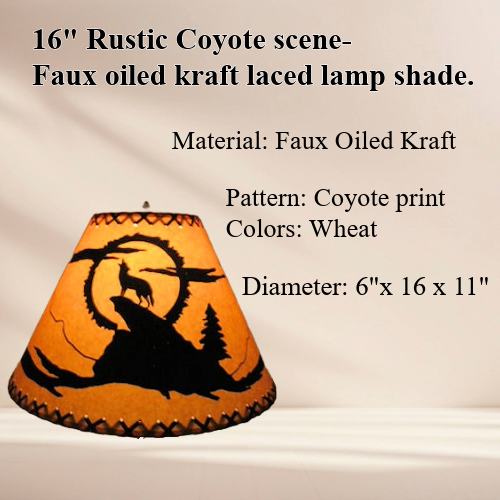 16" Rustic Coyote scene-Faux oiled kraft lamp shade with lacing top and bottom. - Image 3
