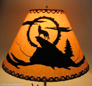18" Rustic Coyote scene-Faux oiled kraft lamp shade with lacing top and bottom.