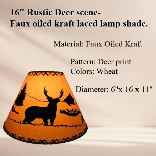 16" Rustic Deer scene-Faux oiled kraft lamp shade with lacing top and bottom. - Image 3