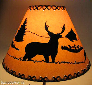 16" Rustic Deer scene-Faux oiled kraft lamp shade with lacing top and bottom.