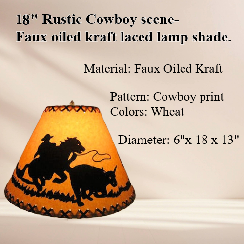 18" Rustic Cowboy scene-Faux oiled kraft lamp shade with lacing top and bottom. - Image 4