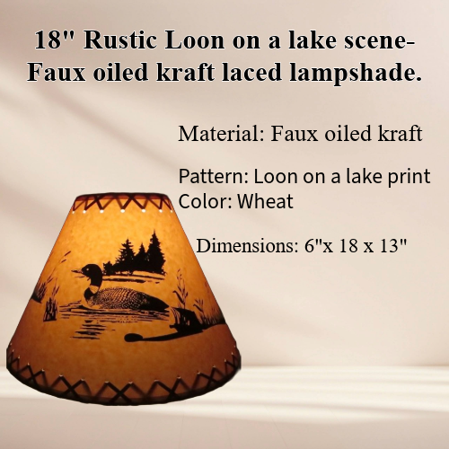 18" Rustic Loon on a lake scene-Faux oiled kraft lamp shade with lacing top and bottom. - Image 3