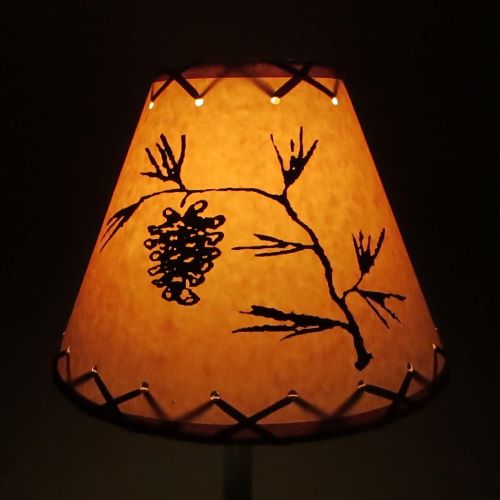 14" Rustic Pinecone scene-Faux oiled kraft lamp shade with lacing top and bottom.