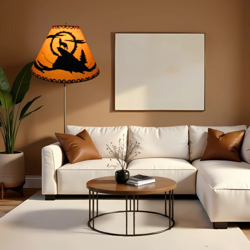 16" Rustic Coyote scene-Faux oiled kraft lamp shade with lacing top and bottom. - Image 5
