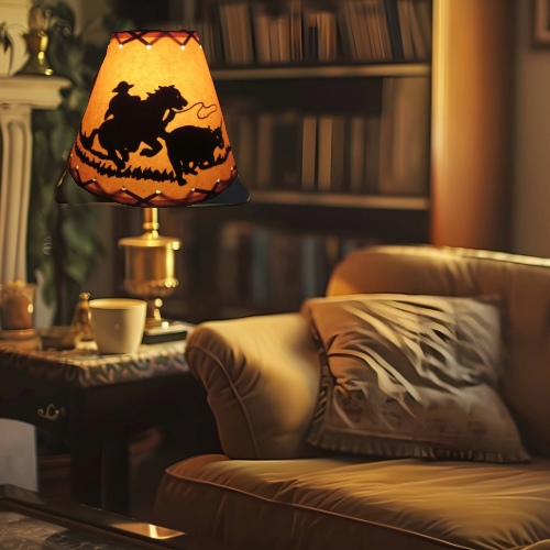 18" Rustic Cowboy scene-Faux oiled kraft lamp shade with lacing top and bottom. - Image 5