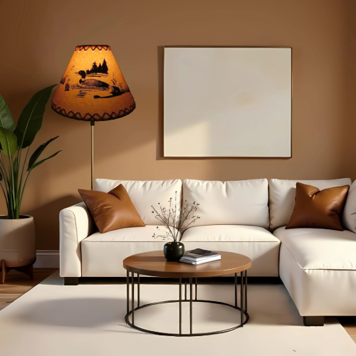 14" Rustic Loon on a lake scene-Faux oiled kraft lamp shade with lacing top and bottom. - Image 5
