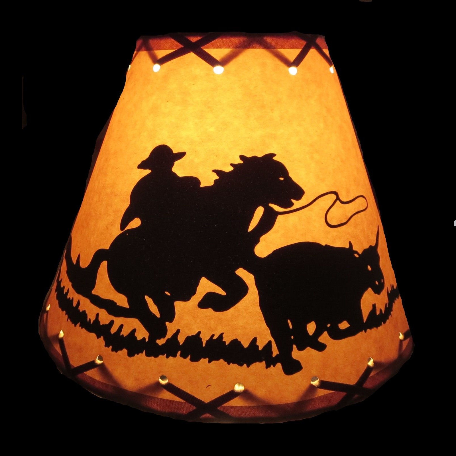 9" Rustic Cowboy scene-Faux oiled kraft laced lamp shade with lacing top and bottom and comes with clip-on.