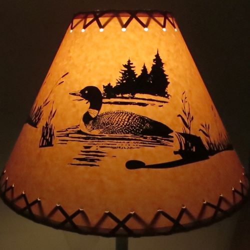 12"Rustic Loon on a lake scene-Faux oiled kraft lamp shade with lacing top and bottom.