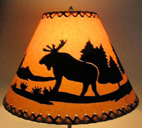 18" Rustic Moose scene-Faux oiled kraft lamp shade with lacing top and bottom.