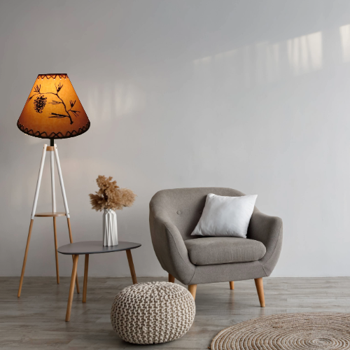 14" Rustic Pinecone scene-Faux oiled kraft lamp shade with lacing top and bottom. - Image 4