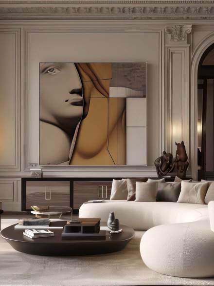 Transport yourself to an elegant living room in the heart of Paris, adorned with tastefully chosen olive-hued furniture that embodies intricate minimalism. Adorning the walls, modern abstract art in a palette of light beige and dark amber adds an emotive touch, with elegant, enigmatic faces that draw you in. The room's classical architecture forms a backdrop that combines seamlessly with layers of rich textures, creating a harmonious blend of classical and contemporary aesthetics --ar 16:9 --v 6 Job ID: 43890301-143b-4ff8-84df-b7ea9bdad61e